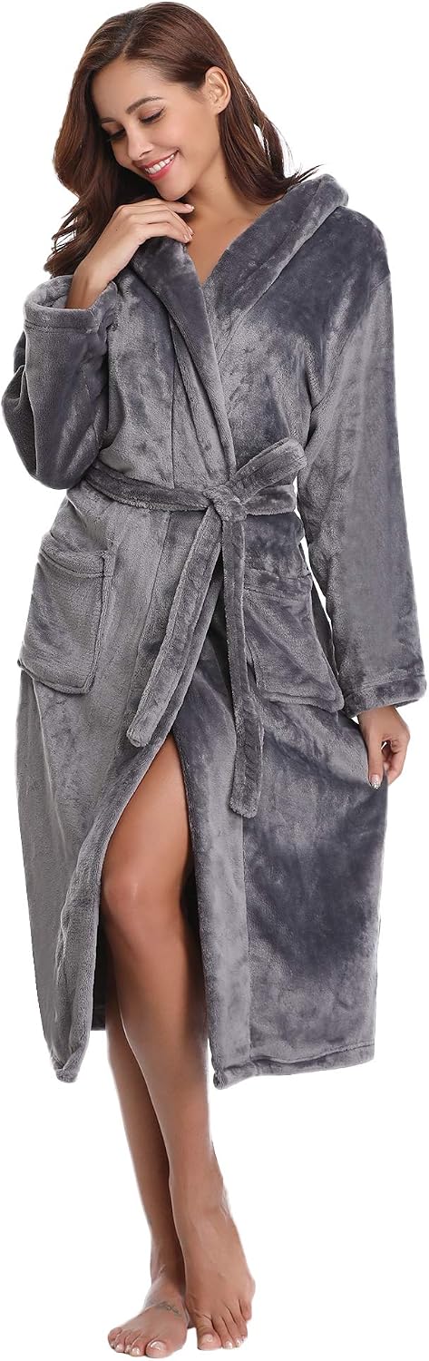 Vlazom Winter Bademantel weicher Flanell Bademantel Damen Saunamantel mit Kapuze Flauschiger Morgenm