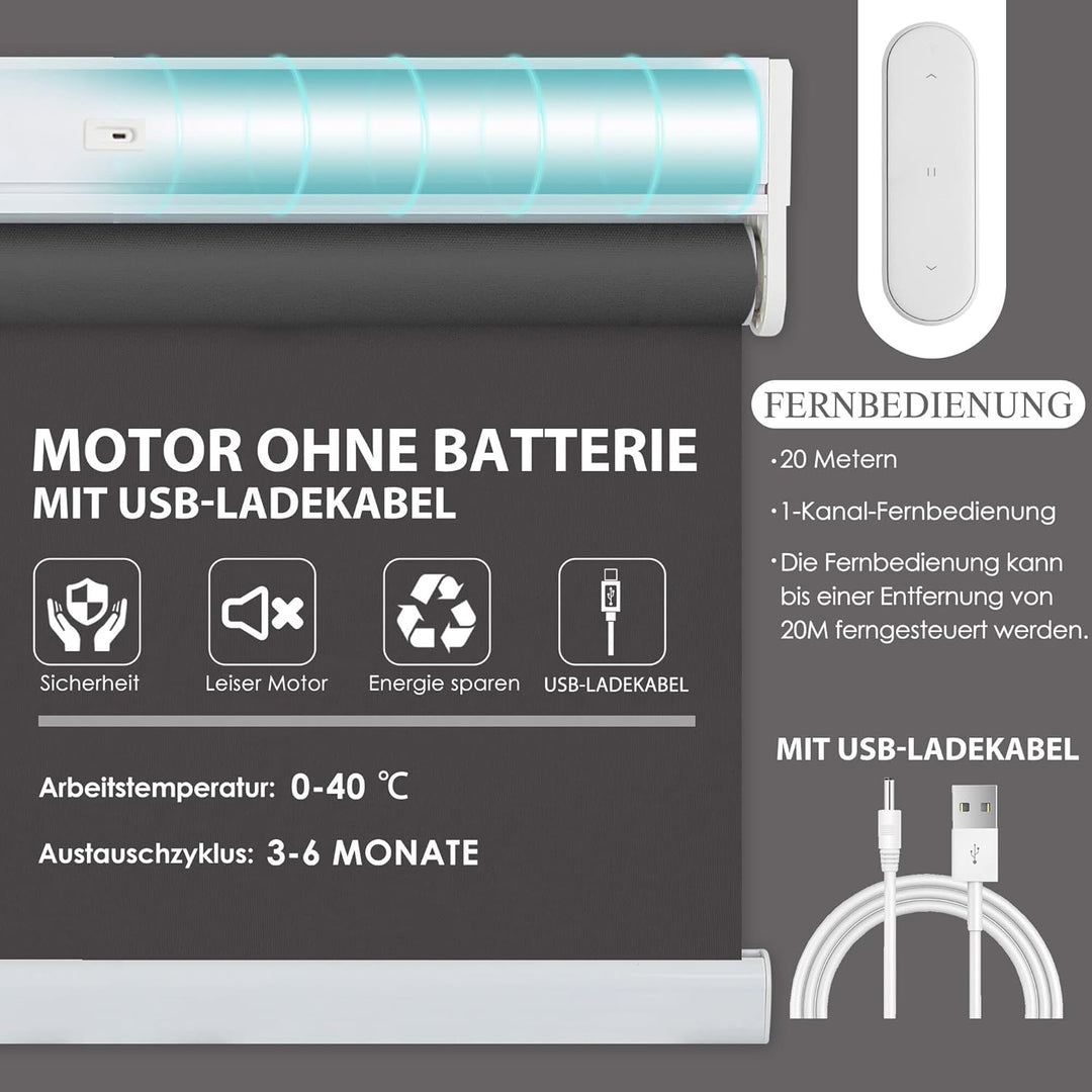 HOMEDEMO Elektrische Rollos Wiederaufladbare Verdunklungsrollo mit Motor & Fernbedienung, Dunkelgrau