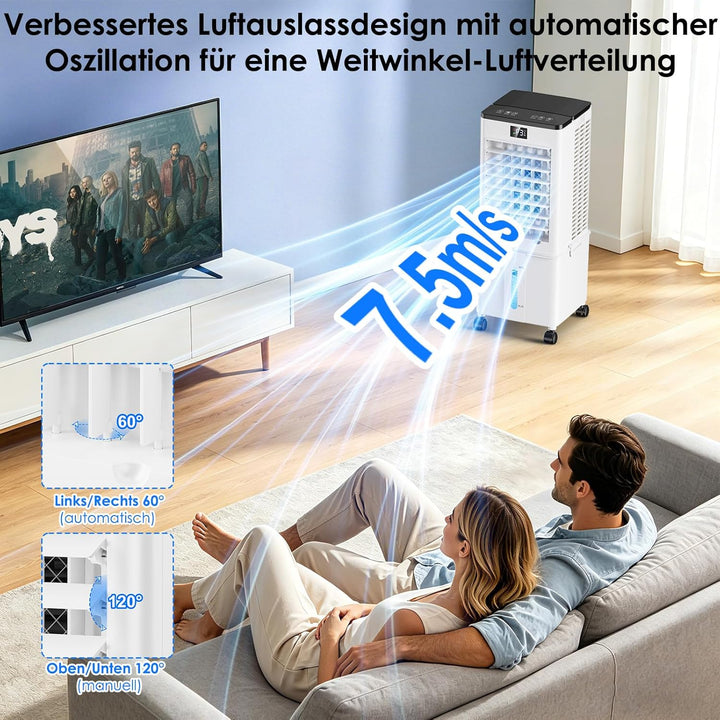 Klimaanlage Mobil 10L ohne Abluftschlauch, 60W Luftkühler 4-in-1 mit 12H Timer, 4 Modi, 120°Schwenkf
