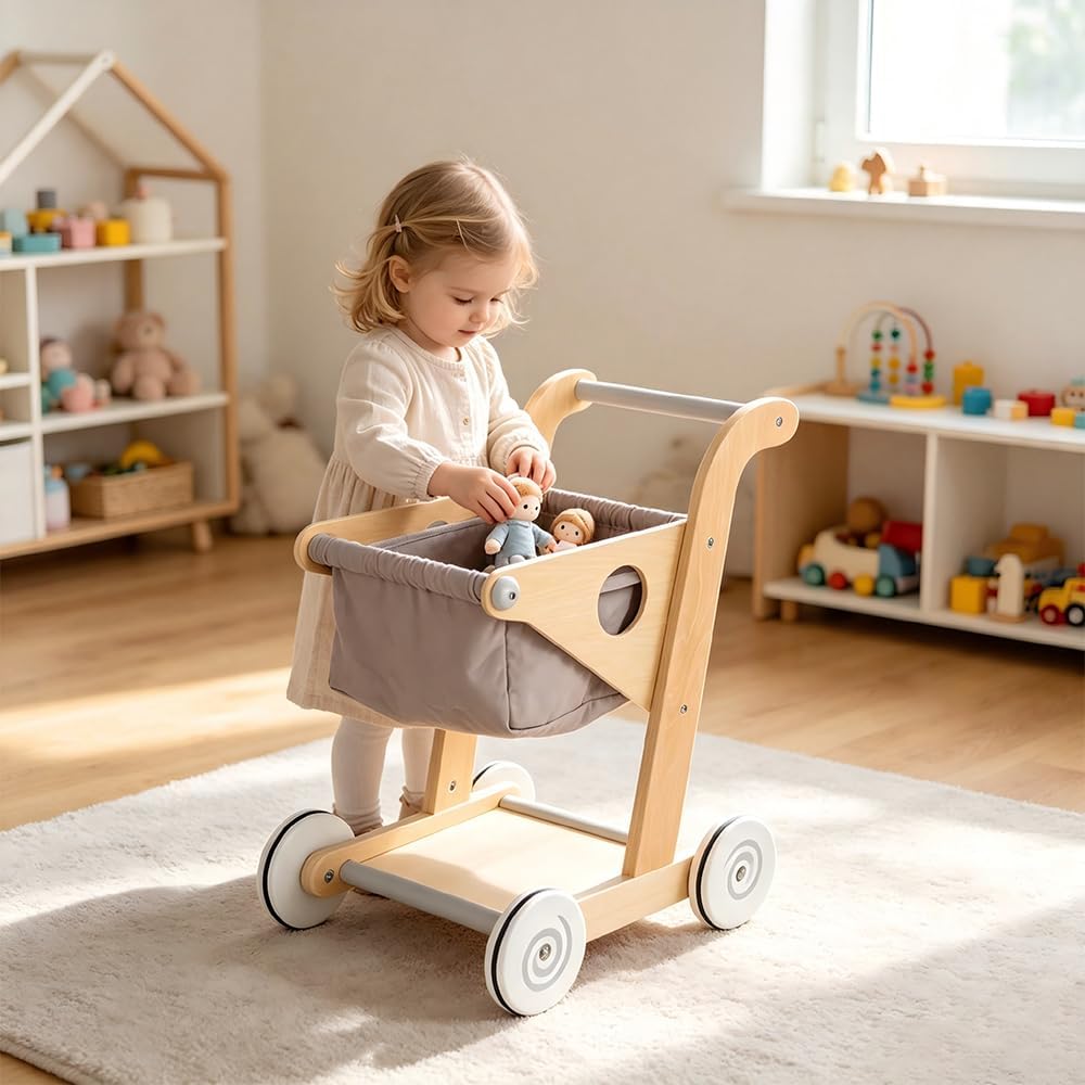 Holz Kinder Einkaufswagen Spielzeug, Mini Einkaufswagen für Kinder mit Stoffkorb, Stabiler Laufwagen