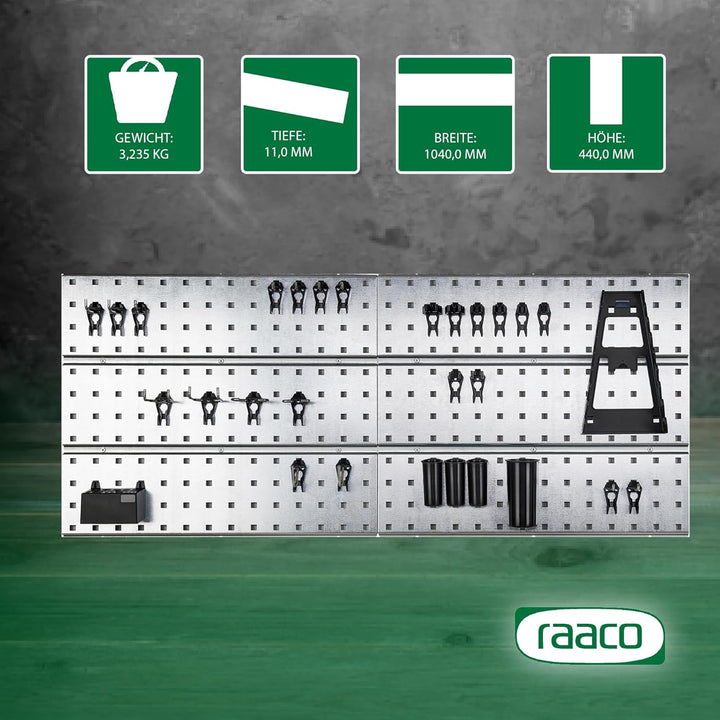 raaco 2 TWP Set Verzinkte Werkzeugwand - Lochwand Werkstatt mit 28 SuperClips, 104 x 44 cm, 150 kg T