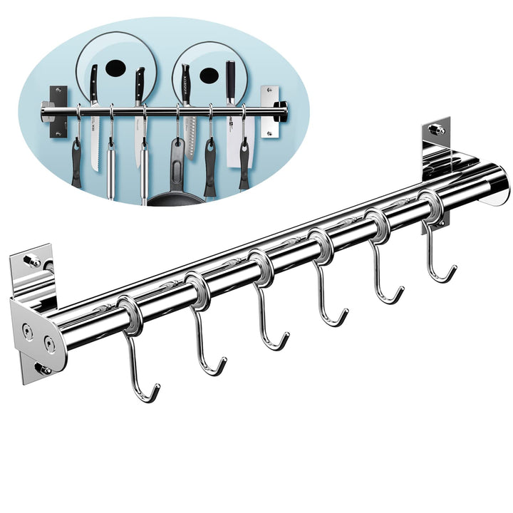 Hängeleiste Küchenreling, Küchenhakenleiste 6 Haken mit Messerhalter und Topfdeckel Halter, Edelstah
