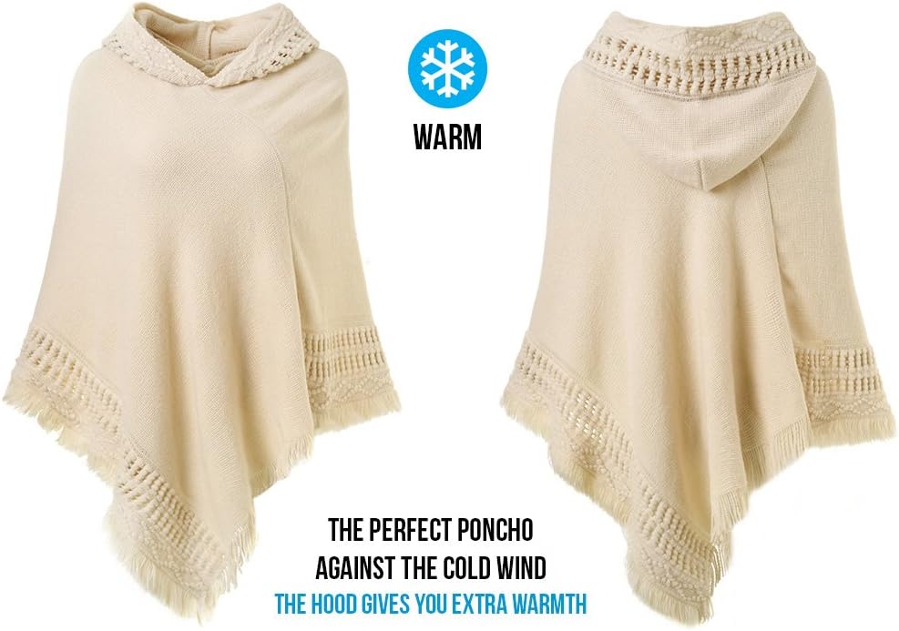 Ferand Damen Poncho mit Kapuze und gehäkeltem Cape mit Fransensaum für Herbst Winter Einheitsgrösse