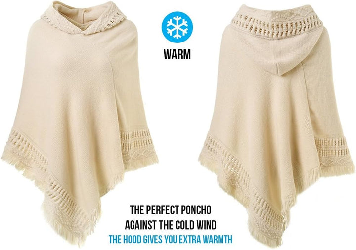 Ferand Damen Poncho mit Kapuze und gehäkeltem Cape mit Fransensaum für Herbst Winter Einheitsgrösse