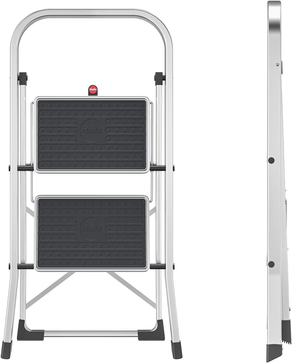 Hailo Alu-Klapptritt StandardLine, 2 grosse Stahl-Stufen bis 150 kg, kleine Alu Leiter mit Anti-Ruts
