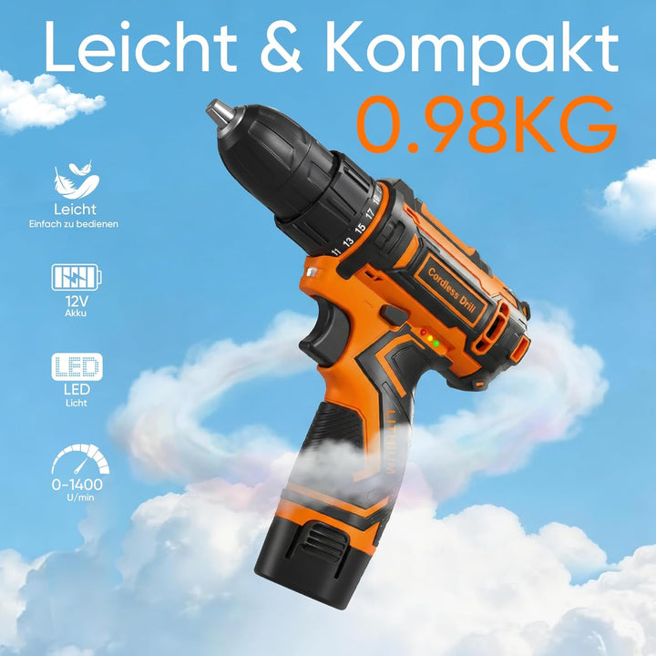 Akkuschrauber Set, 12V Akku Bohrschrauber, 2 Gang Akkubohrer, 25+1 Drehmomenteinstellungen, 25 Nm Dr