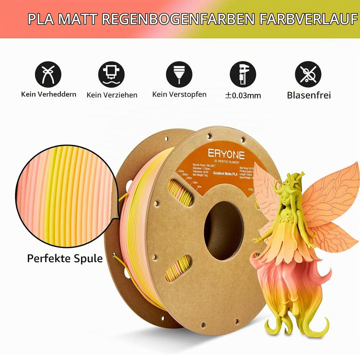 ERYONE Matte PLA 3D Drucker Filament 1.75mm, Matte Gradient Rainbow PLA, Massgenauigkeit +/- 0.03 mm