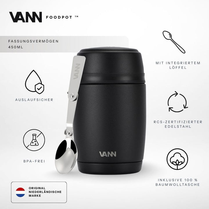 VANN Thermobecher für Essen 450 ml – Thermobehälter [16h kalt, 9h warm] – Recycelte Edelstahl Thermo