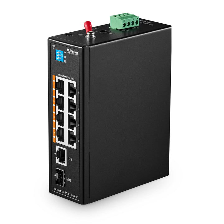 MokerLink 10 Port PoE Industrial Din Rail Switch, 8 Ports PoE+ 100Mbps IEEE802.3af/at, 1 Gigabit Eth