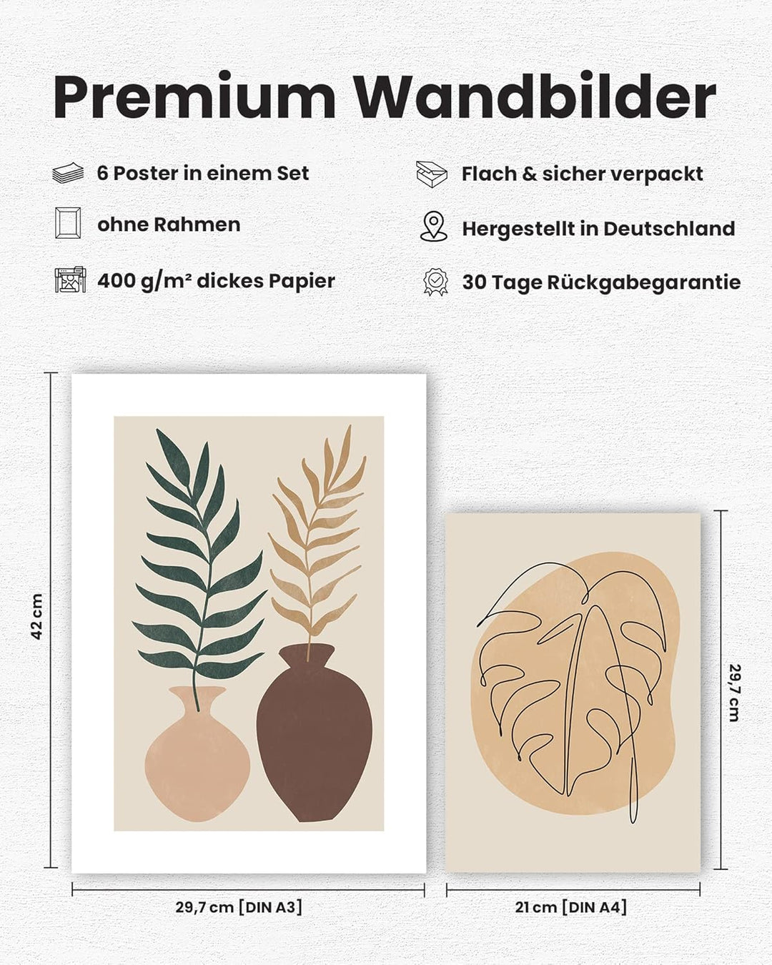 MUUDLY® Premium Poster Set, Moderne Wandbilder für Wohnzimmer und Schlafzimmer, 2 x A3 &amp; 4 x A4, Bil