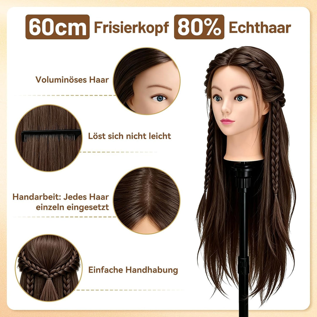 TwoWin 24 Zoll /60 cm Trainingsköpfe für Friseure, Frisierkopf mit 80% Echthaar, Übungskopf Friseurk