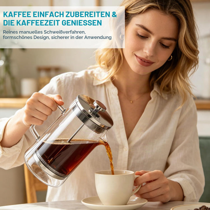 French Press 1 Liter, Grosse Kaffeebereiter, Thermo Doppelwand Design, Kaffeebereiter aus Borosilika