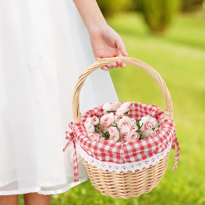 Vintage-Osterkorb Aus Weide Klein: Süsser Leerer Picknickkorb – Rot Kariert Mit Griff Für Eier Süssi