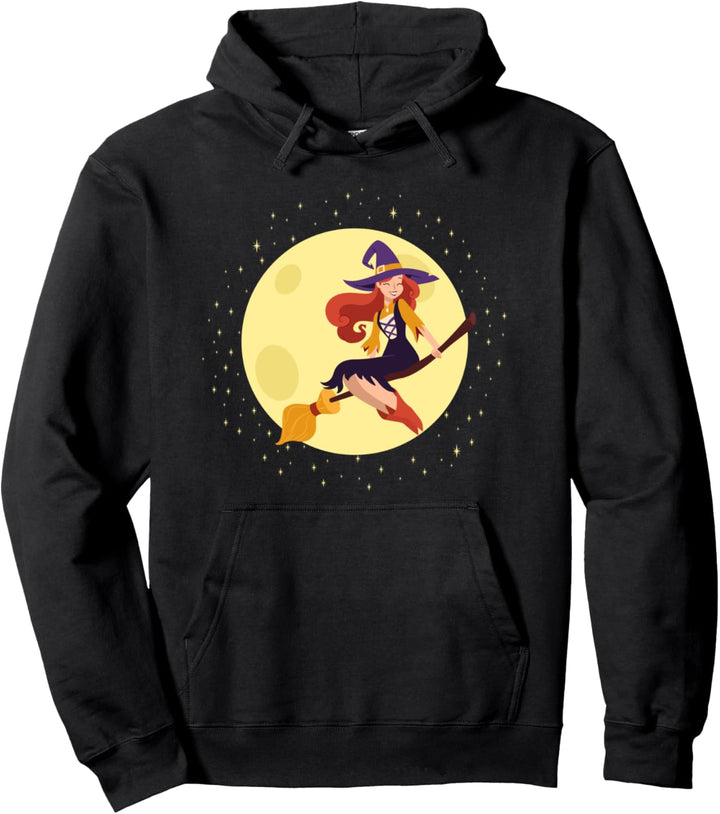Hexe auf Besen mit Vollmond-lustigem Design für Halloween Pullover Hoodie