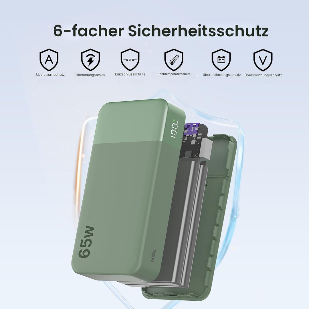 NOBIS Powerbank 20000mAh, 65W Schnellladung Powerbank, Tragbarer Ladegerät mit Digitalanzeige, Dual