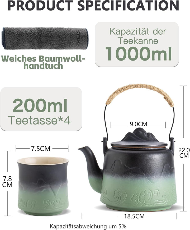 ZENS Japanische Teekanne Keramik Mit 4 Tassen, Teeservice für Losen Tee | Matte Geprägtem Teekanne J