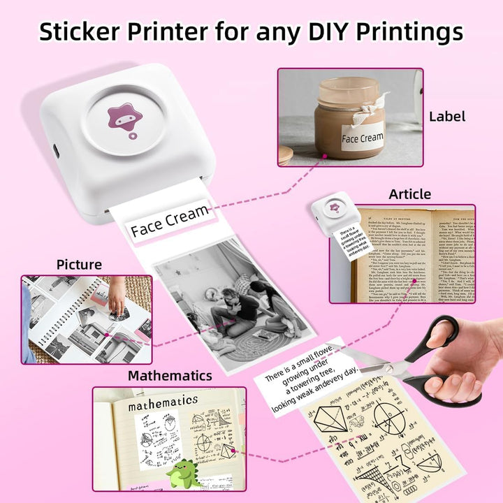 vretti Mini Drucker TP2-Y Thermodrucker, Aufkleberdrucker kompatibel mit Android & iOS, Mini Fotodru