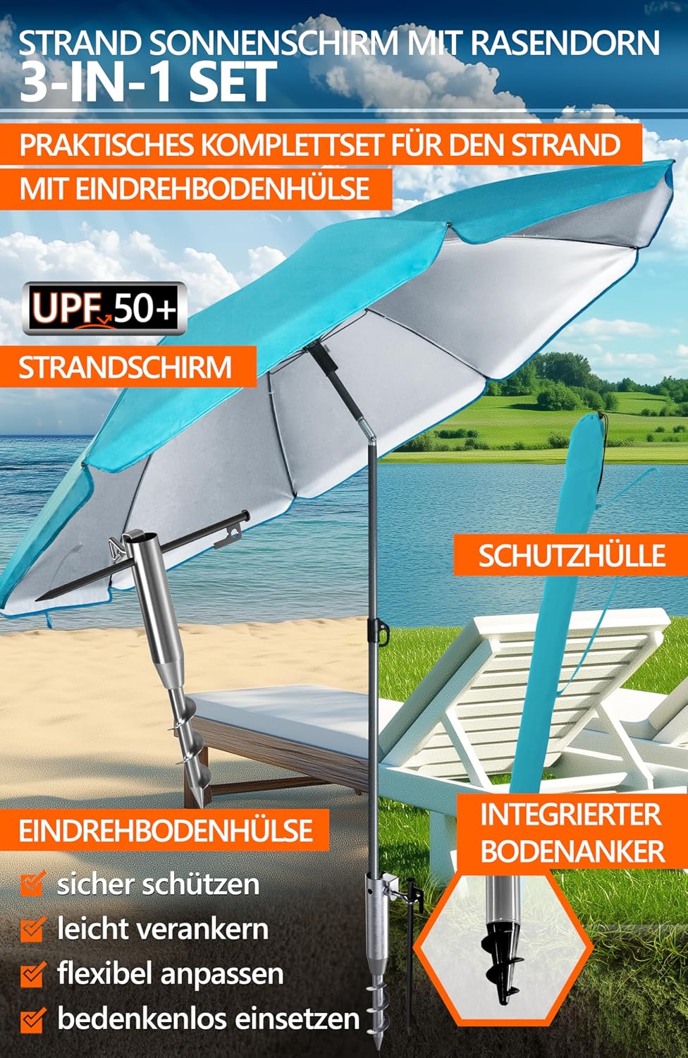 4smile Sonnenschirm Strand Ø 200 cm mit Eindrehbodenhülse, Türkis | Strandschirm windfest stabil mit