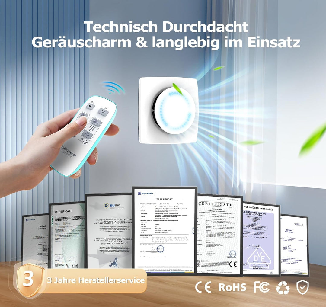 BUMSOU Badlüfter 100mm mit Fernbedienung, Bidirektional, 6 Geschwindigkeiten mit Anzeigeleuchte, Spe