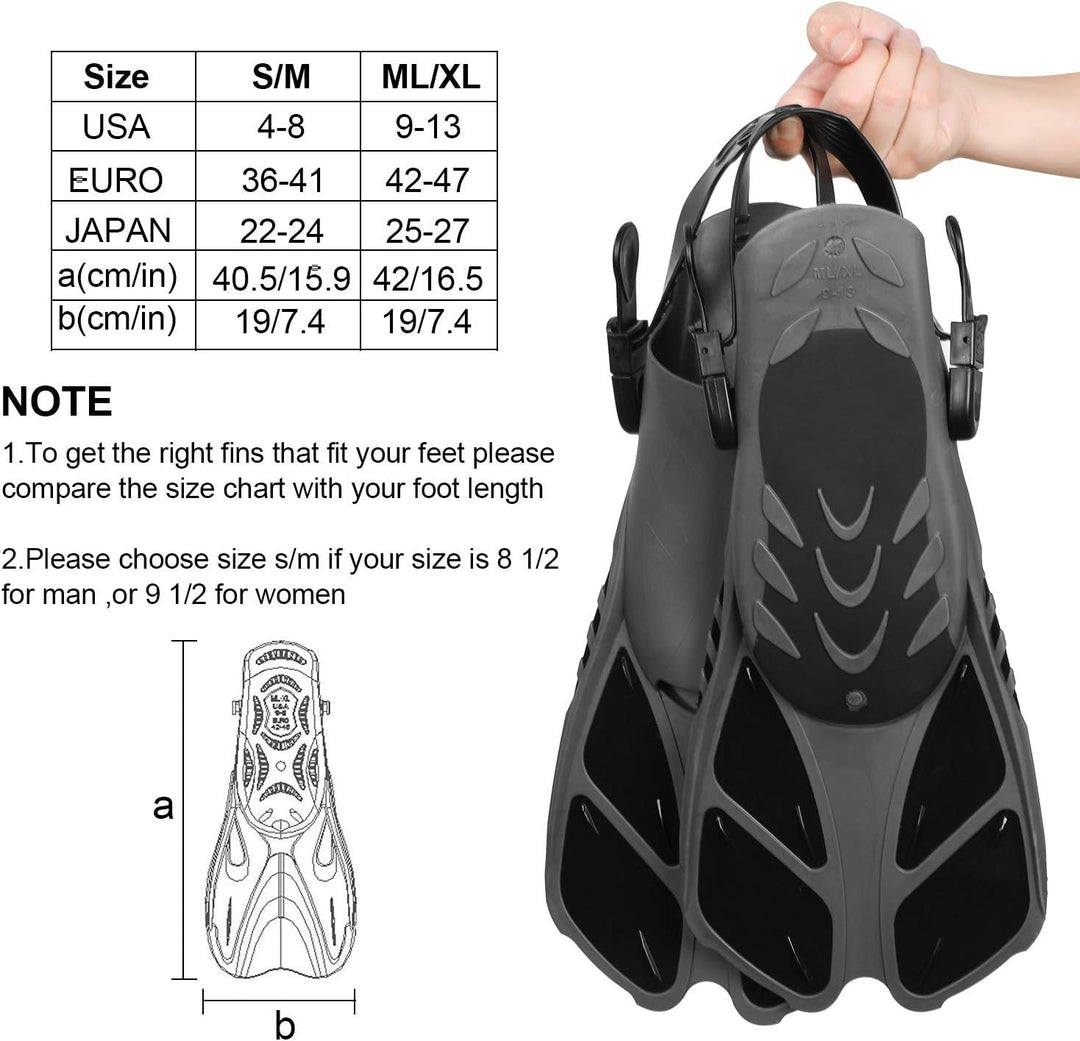 Qkurt Unisex Premium Flossen, Kürzerer Flosse mit Mesh Bag und Extra-Riemen zum Tauchen, Apnoe, Schn