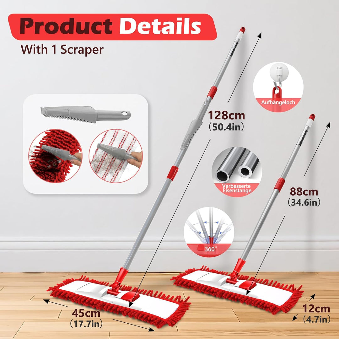 Masthome Wischmopp,Bodenwischer Set mit 4 Wischpads,Chenille Wischmopp mit 128cm Griff,Mikrofaser Wi