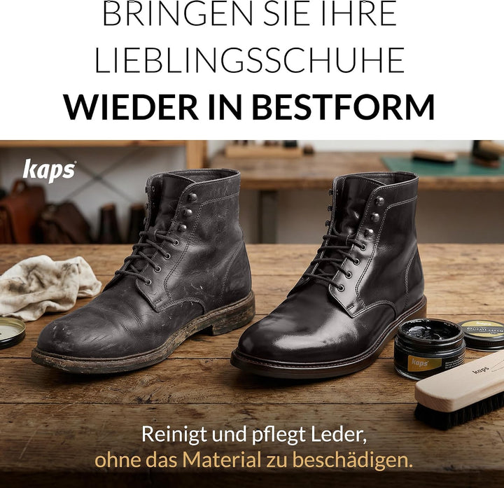 Kaps Schuhputzset für Lederschuhe & Stiefel – Schuhpflegeset mit Schuhcreme, Schuhbürsten & Poliertu