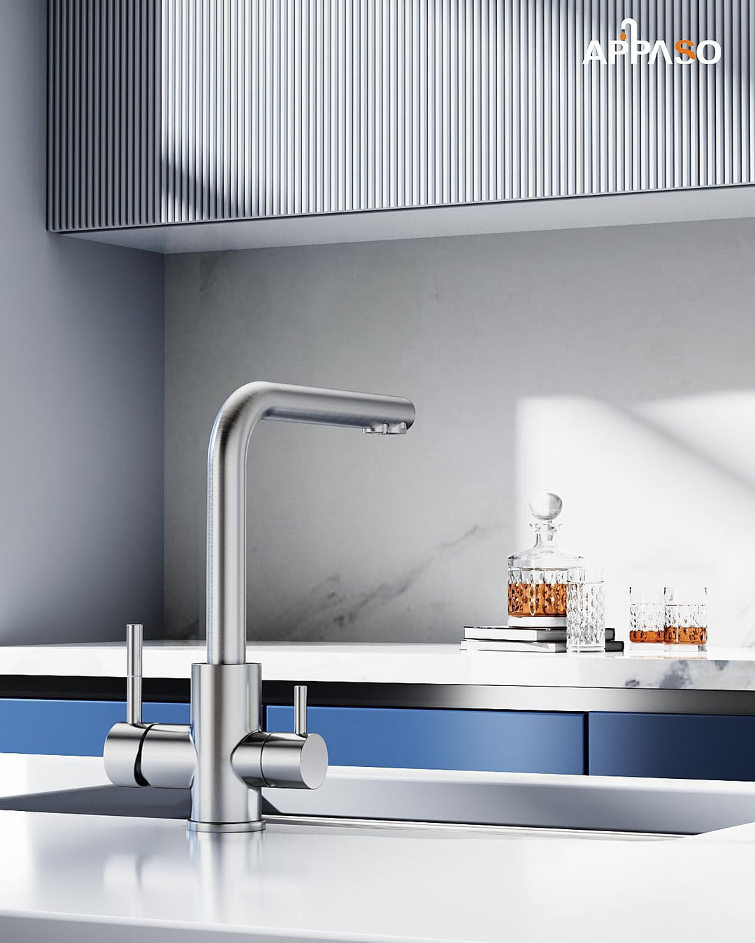 3 Wege Wasserhahn Küche, Küchenarmatur 360° Drehbar APPASO, 3 in 1 Mischbatterie Küche für Wasserfil