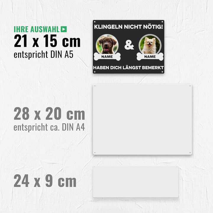Hunde Schild personalisiert - Klingeln nicht nötig - Metallschild mit Foto und Name für aussen, wett