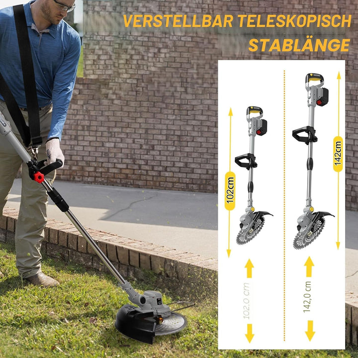 Akku Rasentrimmer mit Akku und Unkrautbürste 21V Freischneider Akku Elektro Motorsense mit 2X 4.0Ah