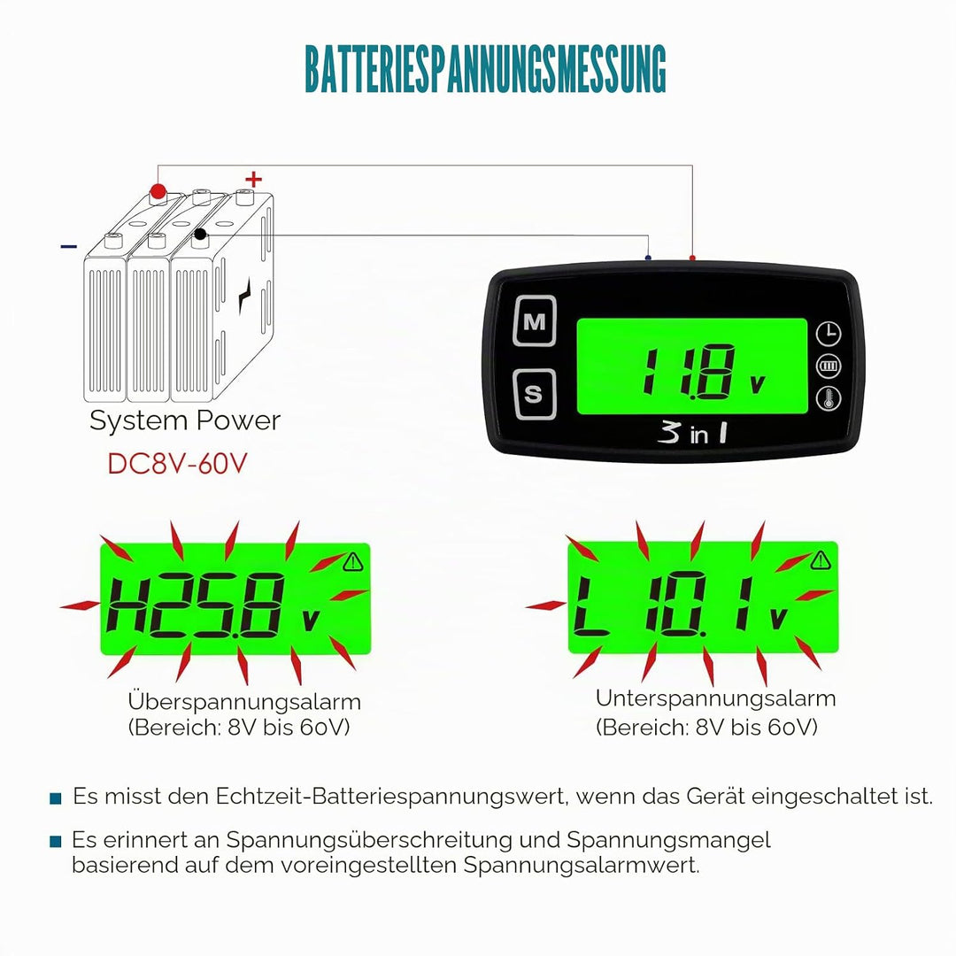 Runleader Digital LCD Motortemperaturanzeige Voltmeter, programmierbare Warnmeldung, Uhranzeige, Aus
