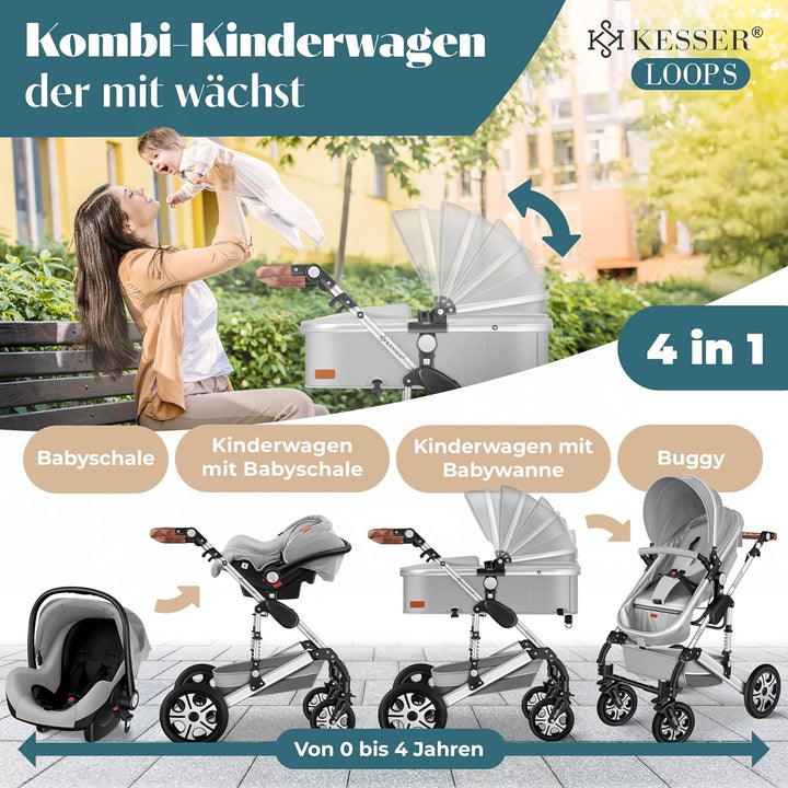 KESSER® Loops 3 in 1 Kinderwagen Kombikinderwagen Komplett-Set inkl. Babywanne & Buggy Sportsitz & A