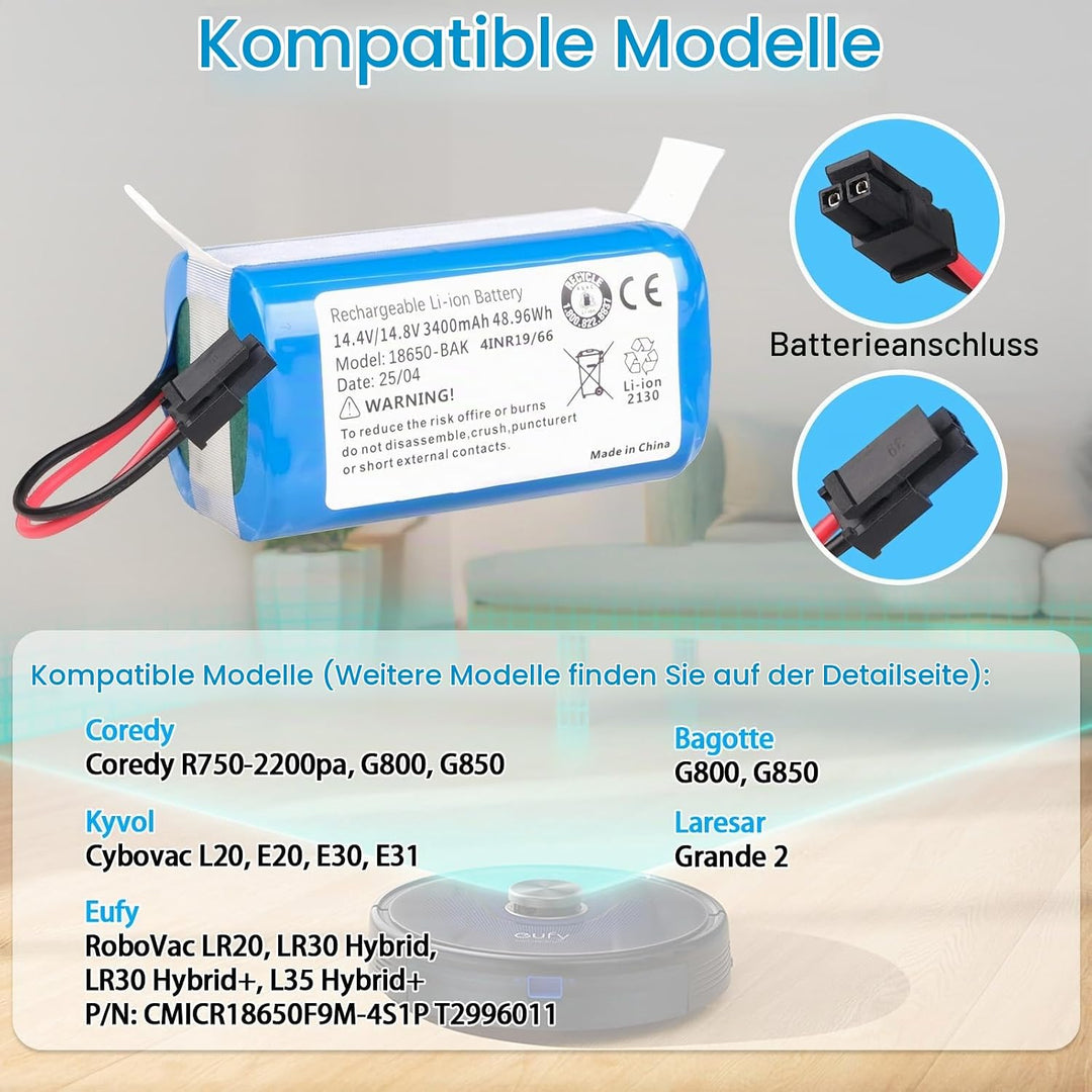 3400 mAh Akku Kompatibel mit Kyvol Cybovac L20 E20 E30 E31, Coredy R750 G800 G850, Bagotte BG800 BG8