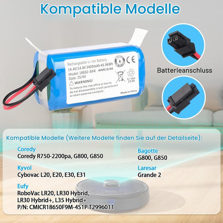 3400 mAh Akku Kompatibel mit Kyvol Cybovac L20 E20 E30 E31, Coredy R750 G800 G850, Bagotte BG800 BG8