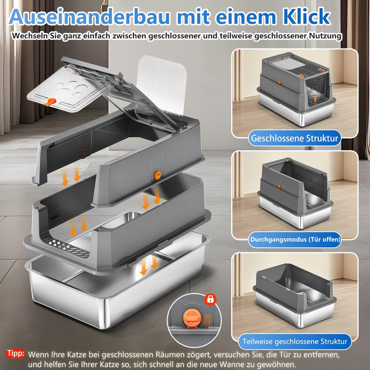 Edelstahl Katzenklo mit Deckel, 155° Klappdeckel XL Katzentoilette, Geschlossene Metall-Klobox inkl.
