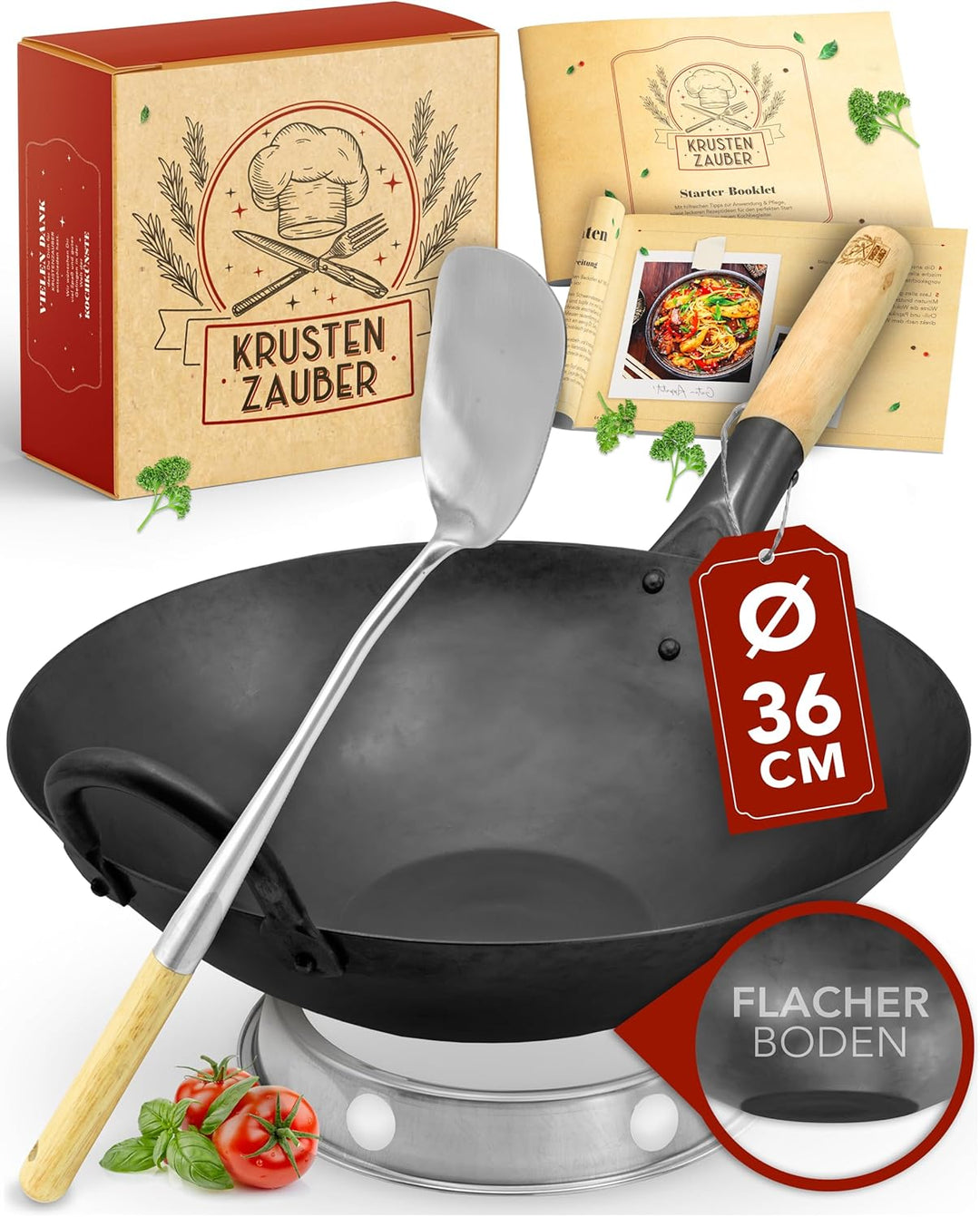 KRUSTENZAUBER 36cm Wokpfanne Induktion voreingebrannt - Traditionelle Stahlwokpfanne mit Wokwender u