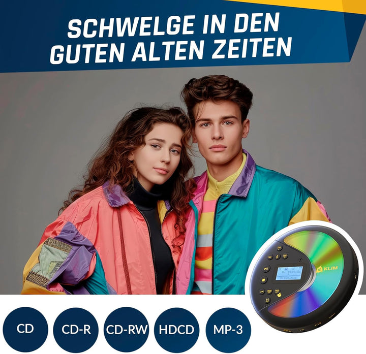 KLIM Discover Mit Kopfhörern - Tragbarer CD-Player mit langlebigem Akku - Kompatibler MP3-CD-Player