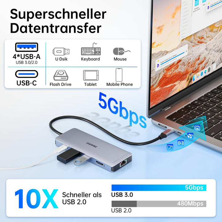 USB C Hub Ethernet, 10 in 1 Dock USB-C Adapter mit 4K 60Hz HDMI, LAN RJ45, PD 100W, 5X USB-A/C Ports