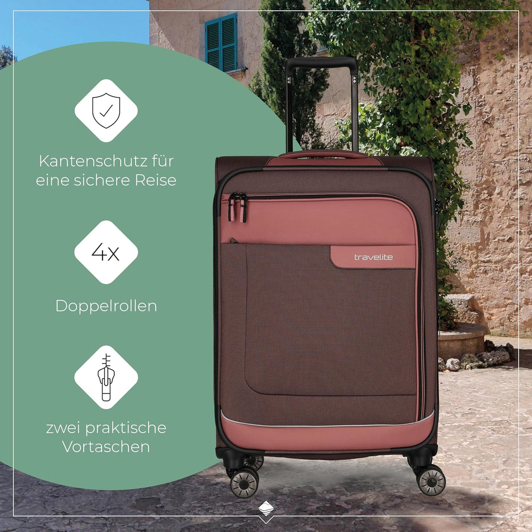 Travelite 4-Rad Koffer Grösse M Weichschale aus recyceltem Material, Gepäck Serie VIIA: Trolley mit