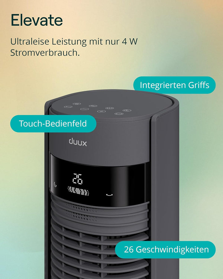 Duux Elevate Turmventilator – 12 Geschwindigkeiten, 80° Oszillation, Nur 25 dB, Ionisator, Timer (1–