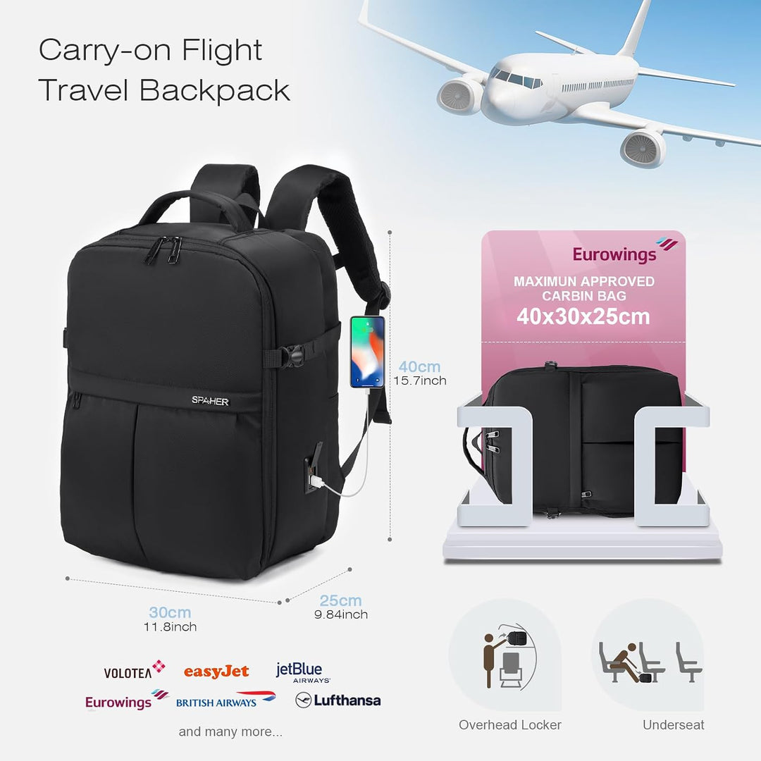 SPAHER Reiserucksack Handgepäck 40x30x25 Eurowings Laptop Rucksack 15,6 Zoll mit Laptopfach Business