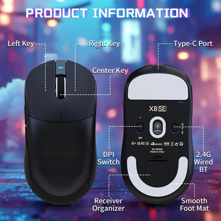 MAMBASNAKE X Attack Shark X8SE 55g ultraleichte kabellose Gaming-Maus mit Band–25000 DPI,PAW3311 Sen