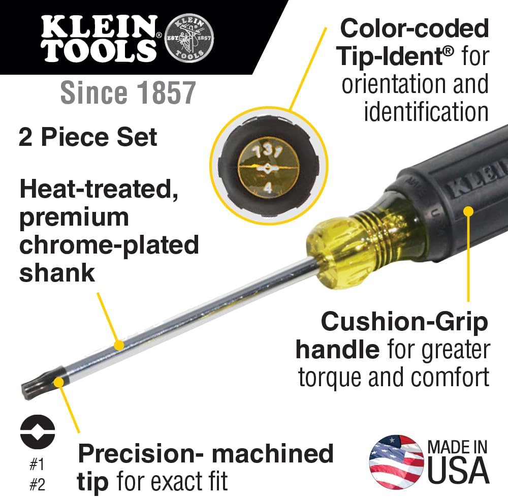 Klein Tools Kombi-Spitzen-Schraubendreher-Set mit #1 und #2 Kombispitzen und gepolsterten Griffen, 2