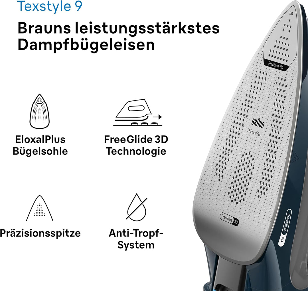 Braun TexStyle 9 SI9682 DB Dampfbügeleisen mit FreeGlide 3D Technologie, Vertikaldampf, Anti-Tropf-F