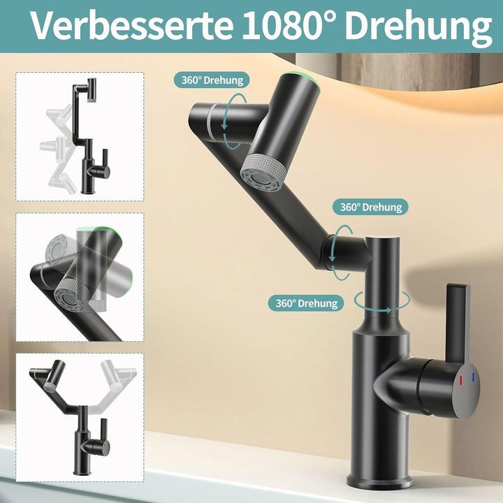 Einloch Waschtischarmatur mit Temperaturanzeige, Einhand Armatur Badezimmer, 1080° schwenkbare Badar