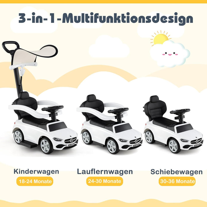 COSTWAY Mercedes-Benz Rutschauto, 3-in-1 Rutschfahrzeug mit Schiebegriff, Stauraum & Lenkschieber, S