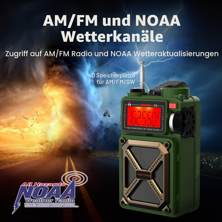 FosPower Solar Crank Radio Model D9 with LCD, Flashlight AM/FM/WB and Bank d'power Supply 4,000 mAh