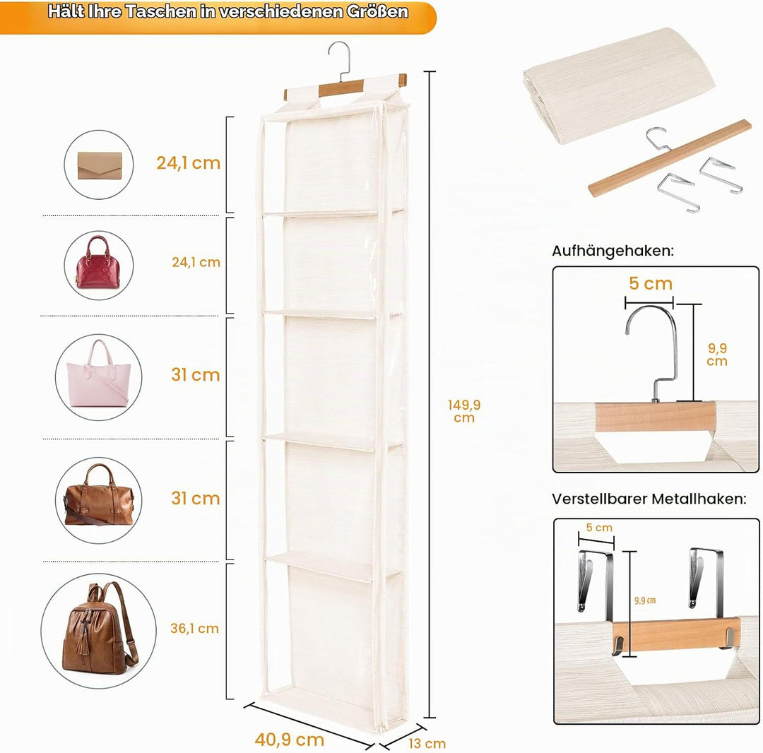 Syeeiex Staubdicht hängende Handtaschen Organizer mit Reissverschluss, extra grosse 5 klare Taschen