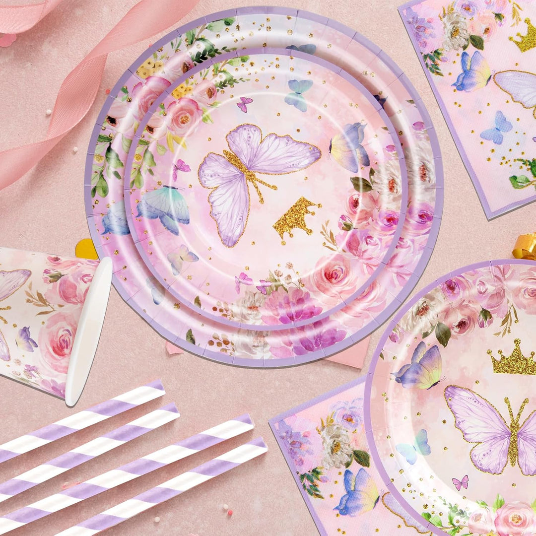 Aitsite 100 Stück Rosa Schmetterling Partygeschirr Set, Schmetterling Partyteller Geburtstag für 20