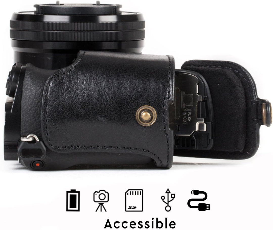 MegaGear Sony Alpha A6500 (16-50 mm) Ever Ready Echtleder Kamera-Case mit Trageriemen und Batteriezu