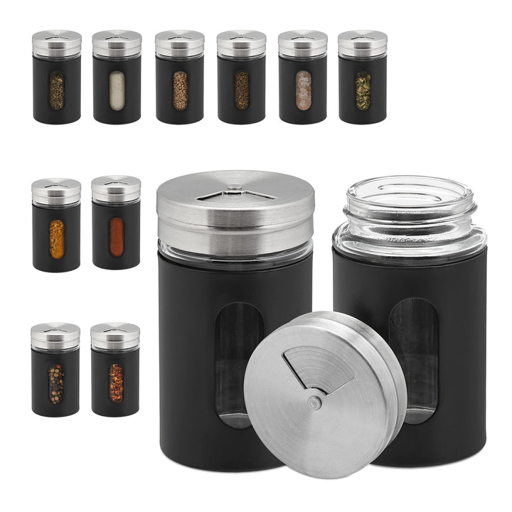Relaxdays Gewürzstreuer, 12er Set, 3 Streugrade, Gewürze & Kräuter, Gewürzgläser, 90 ml, Glas, Edels